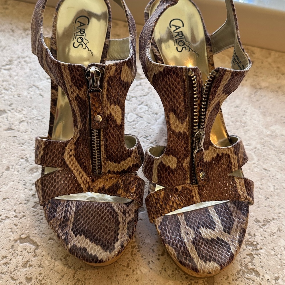 Carlos Santana Brown Wedge Sandals with Snakeskin Pattern
